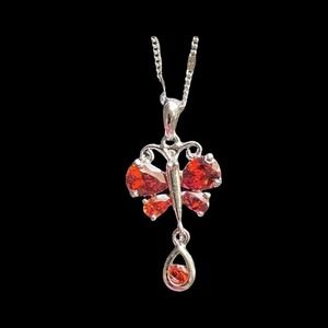Silver Red Ruby Crystal Rhinestone Cubic Zirconia CZ Teardrop Butterfly Necklace
